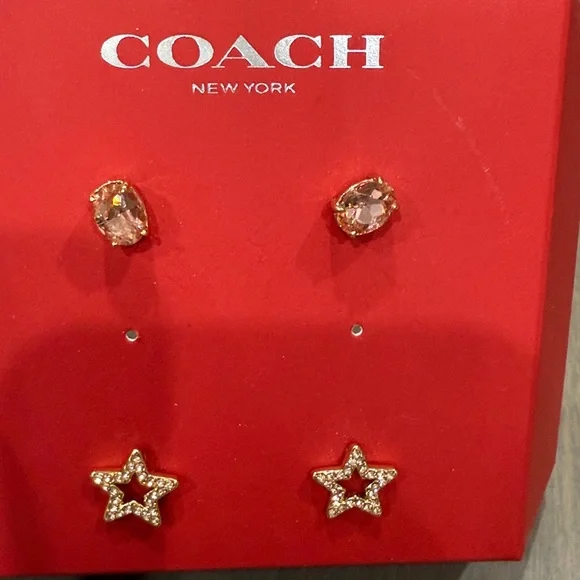 Coach NEW Signature Star Stud Set 2 Different Earrings Rose And Gold Tone - Picture 2 of 2